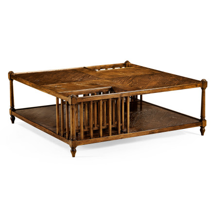 Country Walnut Square Coffee Table with Two Magazine Racks