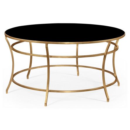 Gilded Iron Round Coffee Table with A Black Glass Top