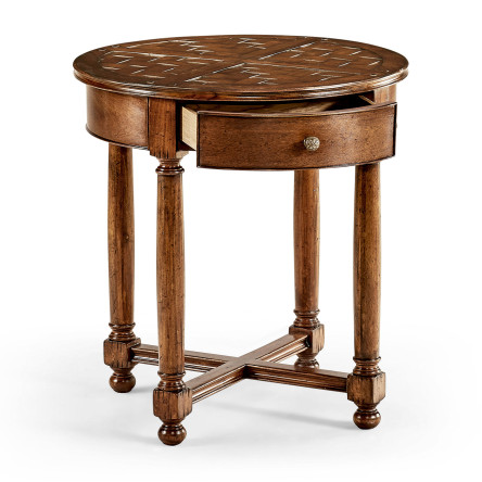 Round parquet topped side table