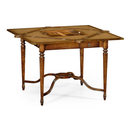 Walnut Leather Games Table with Geometric Inlays