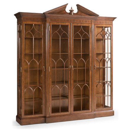 Triple Breakfront Walnut Display Cabinet with Pediment