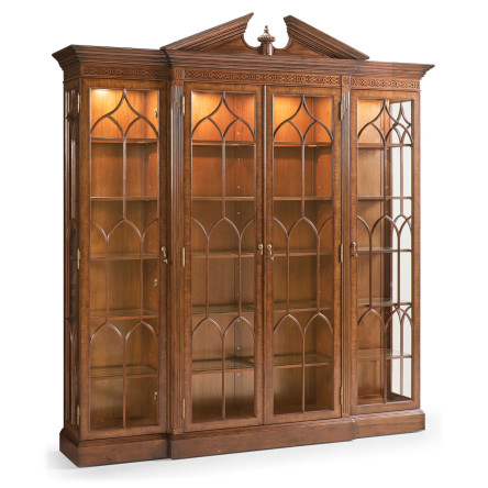 Triple Breakfront Walnut Display Cabinet with Pediment
