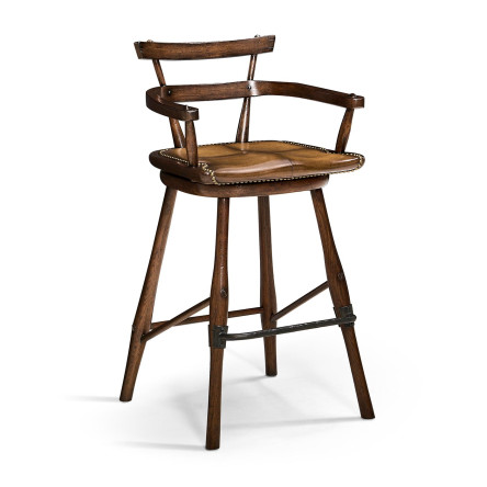 Dark Oak Arm Bar Stool with A Studded Dark Antique Leather Seat