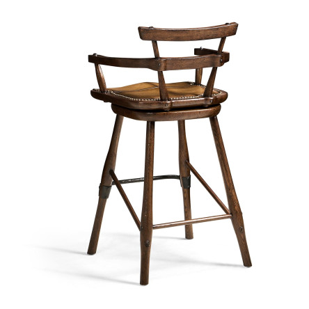 Dark Oak Arm Bar Stool with A Studded Dark Antique Leather Seat