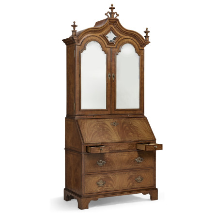 Queen Anne Walnut Bureau with Chinoiserie Interior & Mirrored Doors