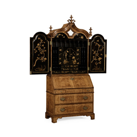 Queen Anne Walnut Bureau with Chinoiserie Interior & Mirrored Doors
