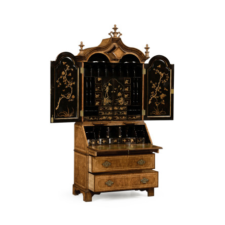 Queen Anne Walnut Bureau with Chinoiserie Interior & Panelled Doors