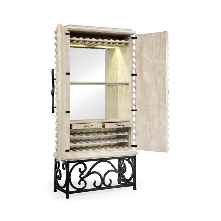 Limed Wood Wine Cabinet with Wrought Iron Base