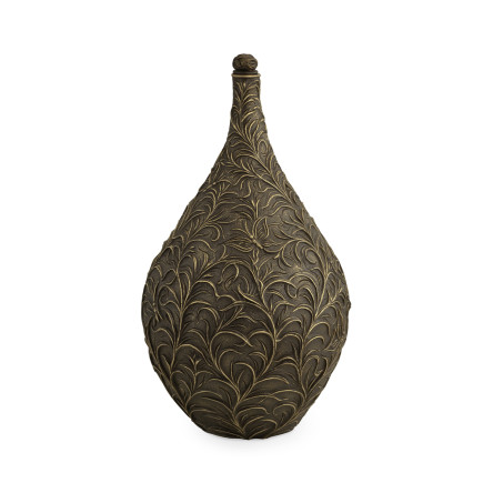 Large Antique Light Black Brass Vase with Swirl & Butterfly Carvings