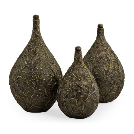 Large Antique Light Black Brass Vase with Swirl & Butterfly Carvings