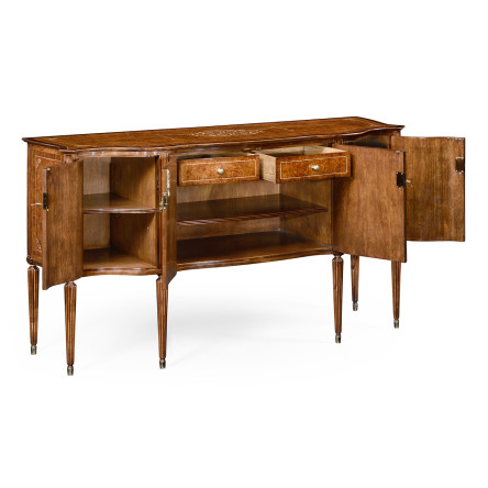 Burl and mother of pearl inlaid serpentine sideboard