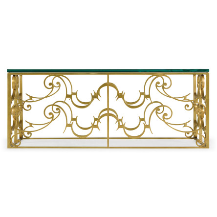Rectangular Arabesque Gilded Iron Coffee Table with 20mm Clear Glass Top
