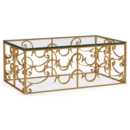 Rectangular Arabesque Gilded Iron Coffee Table with 20mm Clear Glass Top