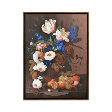 Still Life with Flowers & Fruit Painting on Medium Walnut Frame