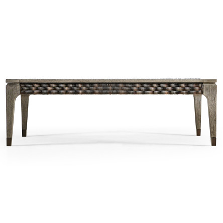 Rectangular Grey & Rattan Coffee Table with a Black Marble Top