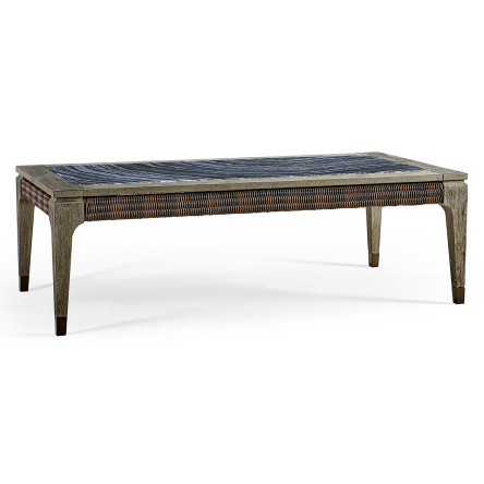 Rectangular Grey & Rattan Coffee Table with a Black Marble Top